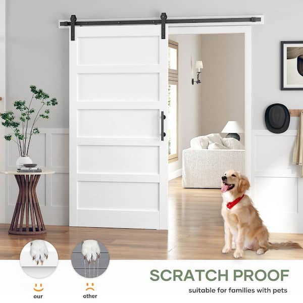 42 in. x 84 in. 5-Panel Solid MDF White Finished Interior Sliding Barn Door with Hardware Kit