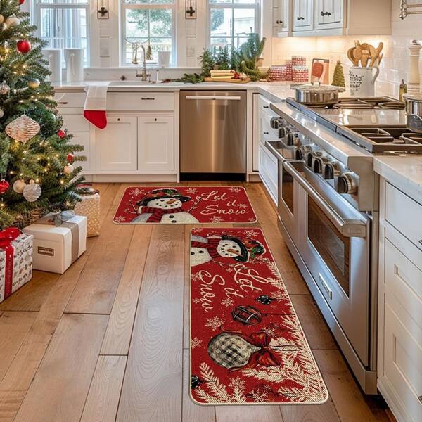 Snowman Christmas Indoor Kitchen Mats Set of 2 Red (17 in. x 29 in. + 17 in. x 47 in. )