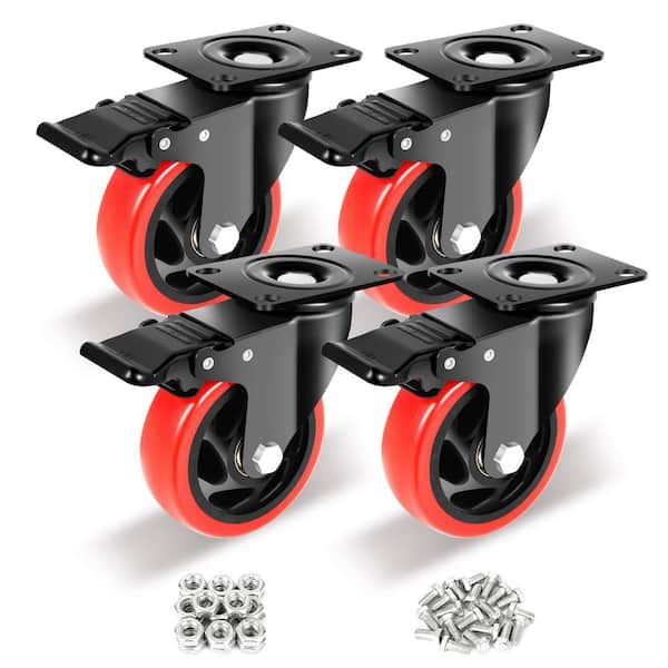 Angel Sar 4 in. 1800 lb. Heavy Duty Caster with Brake, No Noise Polyurethane Wheels for Furniture Dollies Trolleys (Set of 4)