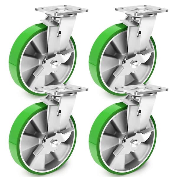 4-Pack Industrial 8 in. Aluminum Core Polyurethane Swivel Casters with Brake Maintenance-Free 6000 lb. Load