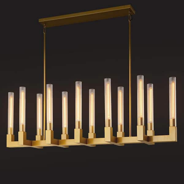 12-Light Copper Candlestick Chandelier, Modern Chandelier with Glass Shade, Retangular Luxurious Ceiling Pendant Light