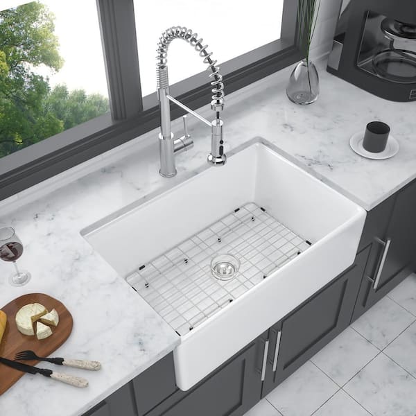 30 in. Farmhouse Single Bowl White Ceramic Kitchen Sink with Bottom Grids