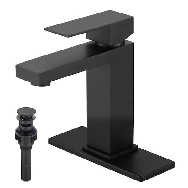 Single Handle Single Hole Bathroom Faucet with Deckplate and Pop Up Drain Included in Matte Black