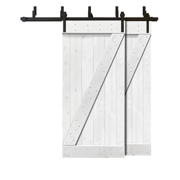 CALHOME 76 in. x 84 in. Z Bar Bypass White Stained Stained Solid Pine Wood Interior Double Sliding Barn Door with Hardware Kit
