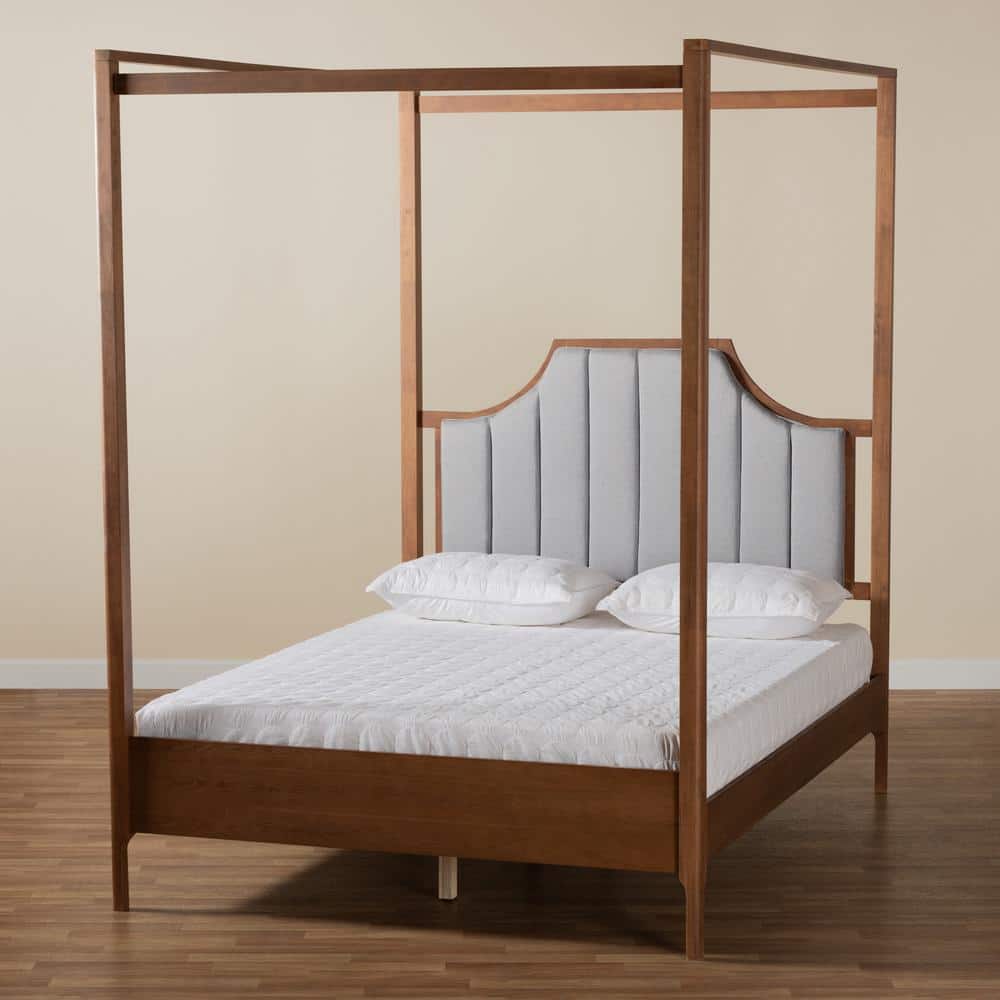 Ash Walnut and Light Grey Fabric Upholstered Queen Canopy Bed with Tufted Headboard