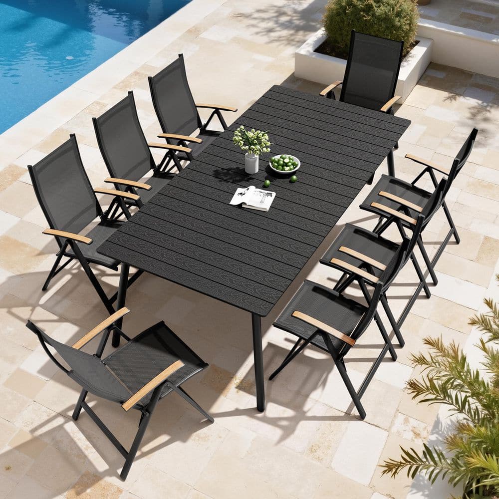 9-Piece 83 in. Black Aluminium Wood-Like Rectangle Outdoor Dining Set with Umbrella Hole and Foldable Recliner Chairs price history on PriceWatchPro
