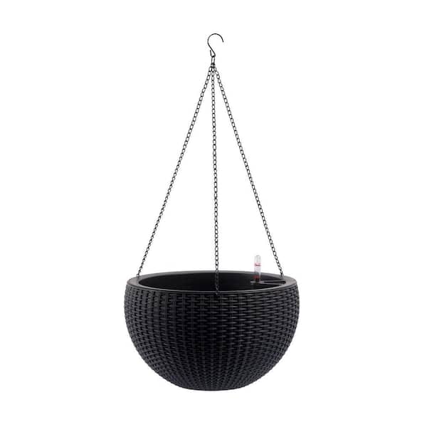 13 in. W Plastic Rattan Hanging Round Planter Set with Self-Watering System In Black (2-Packs)