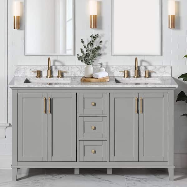 Home Decorators Collection Grayson 61 in. Double Sink Gray Bath Vanity with White Marble Top (Assembled)