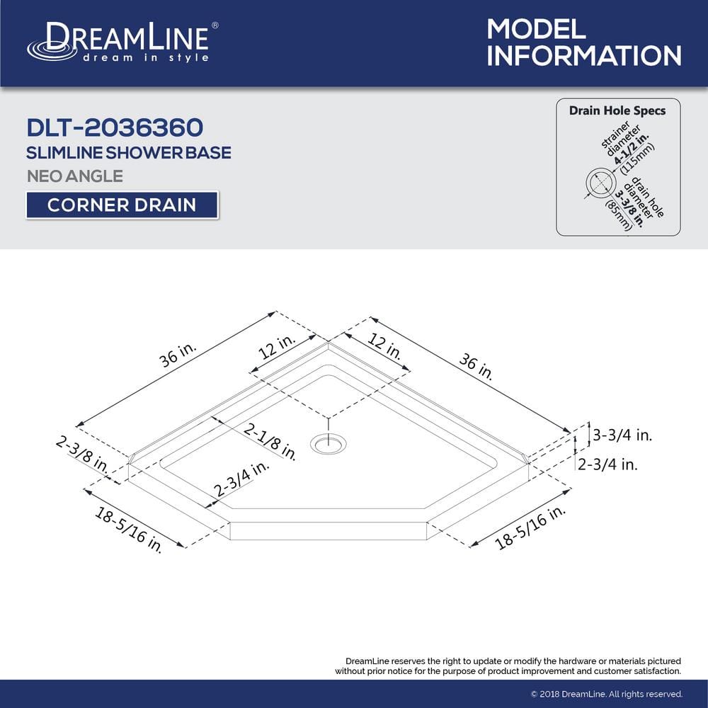 SlimLine 36" White Neo-Angle Acrylic Shower Base