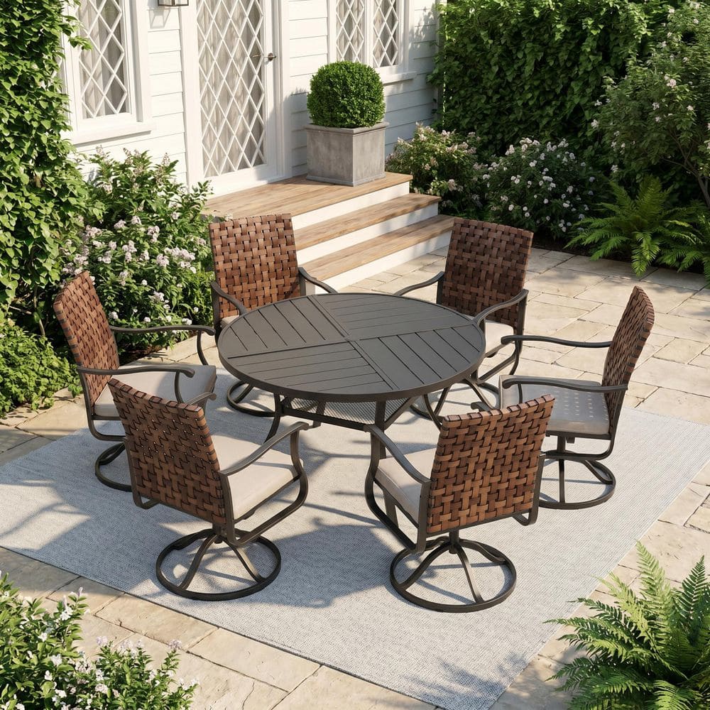7-Piece Metal Outdoor Dining Set with 47.2 in. Black Round Table and 6 Brown Wicker Swivel Chairs with Beige Cushions price history on PriceWatchPro