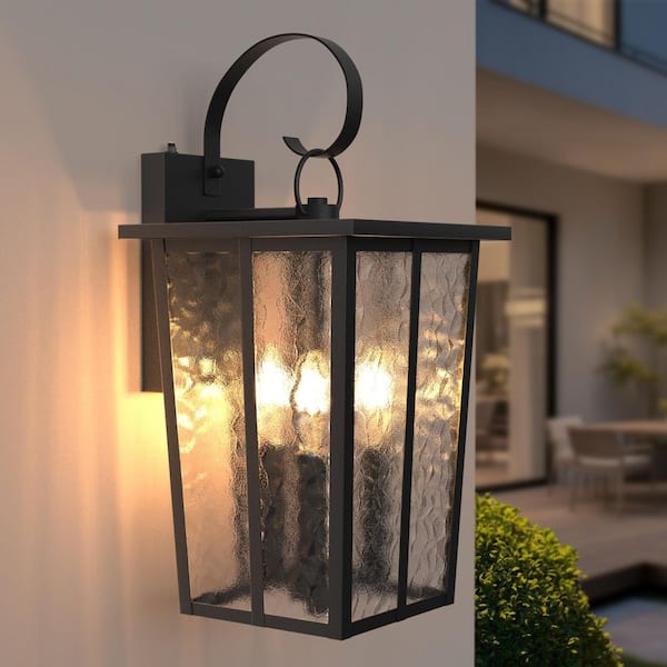 Hawaii 18.58 in. Classic Black 3-Light Dusk to Dawn Outdoor Hardwired Lantern Sconce with Clear Hammered Glass Shade