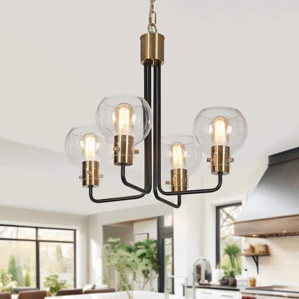Zevni 20 in. 4-Light Modern Dining Room Brass Sputnik Chandelier, Farmhouse/Rustic Black Island Pendant Light with Clear Glass