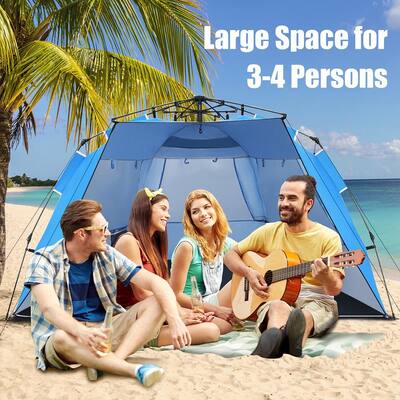 3-Person to 4-Person Easy Pop Up Beach Tent UPF 50+ Portable Sun Shelter Blue