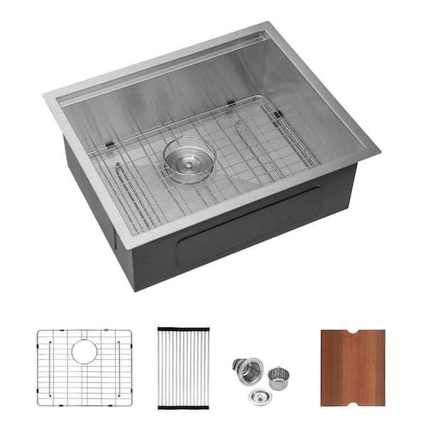 24 in. Undermount Single Bowl 16-Gauge Brushed Nickel Stainless Steel Kitchen Sink with Bottom Grids and Cutting Board