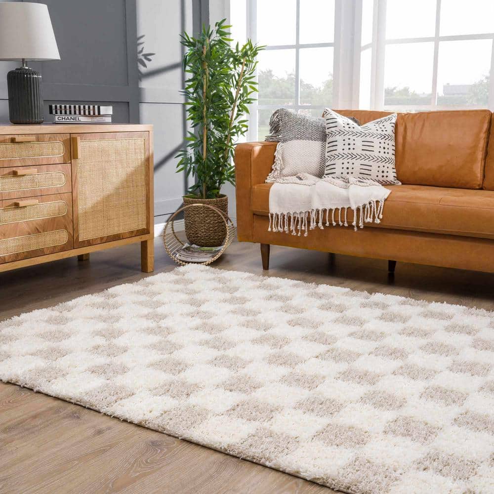 Hauteloom Etiler Checkered Shag Area Rug - Checkboard Design - High Pile Fluffy Shaggy Touch - Square Tiles - Kids Room, Nursery, Living Room Shaggy Carpet - Beige, Cream, White - 7'10" x 10'3"