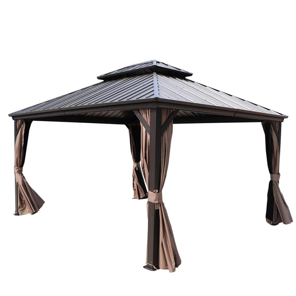 Caesar 12x14 Dark Brown Aluminum Permanent Gazebo with Netting and Curtains
