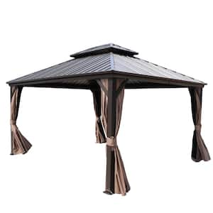 Caesar 12 ft. x 14 ft. Dark Brown Double Roof Permanent Hardtop Aluminum Gazebo with Netting and Sidewalls