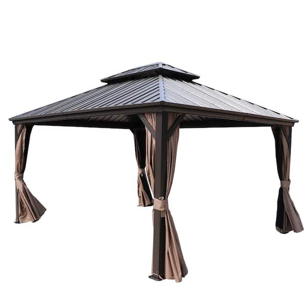 KOZYARD Caesar 12 ft. x 14 ft. Dark Brown Double Roof Permanent Hardtop Aluminum Gazebo with Netting and Sidewalls