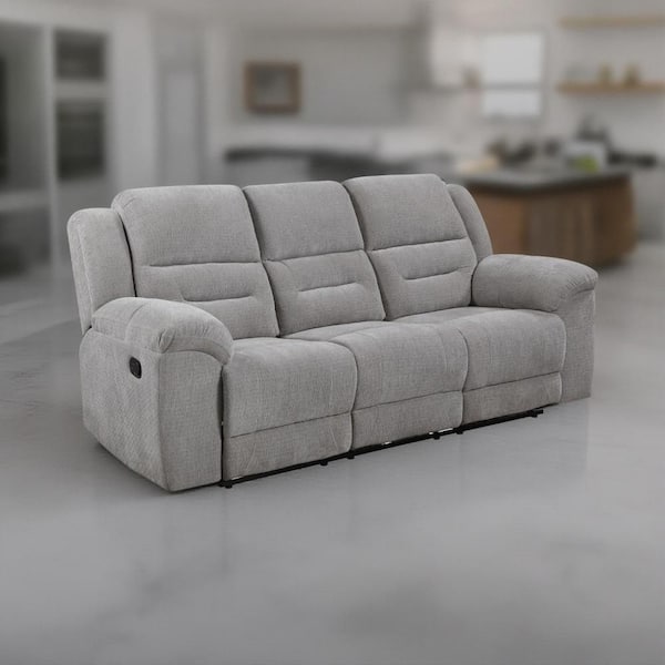 Benjara Gilo Gray Fabric Glider Recliner Manual Sofa with Pillow Top Armrests