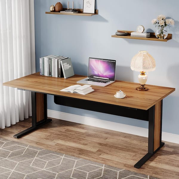 BYBLIGHT Moronia 63 in. Brown Wood Computer Desk, Large Executive Desk, Modern Business Table with Metal Frame for Home Office