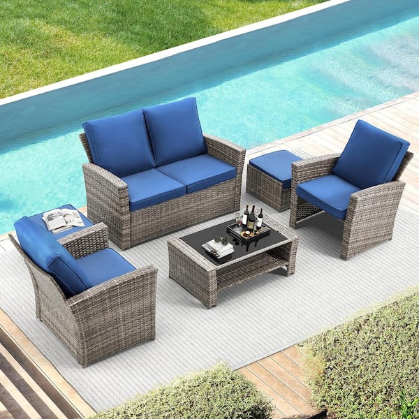 Unbranded 6-Piece Patio Furniture Set, Wicker Sofa Patio Conversation Set with Ottoman and Outdoor Storage Table for Backyard,Blue