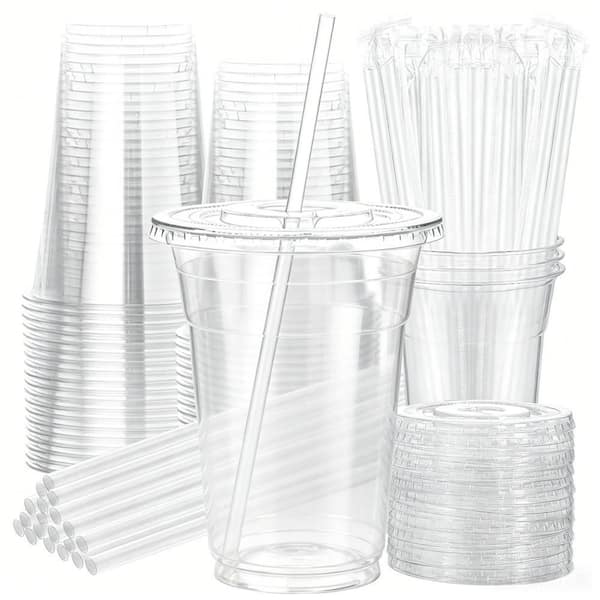 Esepony 16 oz. Disposable Plastic Cups with Leak-Proof, Lids and Straws for Iced Coffee, Tea, Juice, and Drinks, Clear (25-Pack)
