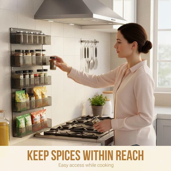 HOME-COMPLETE 5-Shelf Black Wall Mount Spice Rack Organizer