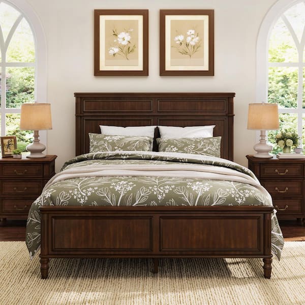Atila Dark Walnut Brown Modern Crown Molding Solid Wood Frame Queen Size Platform Bed with Headboard