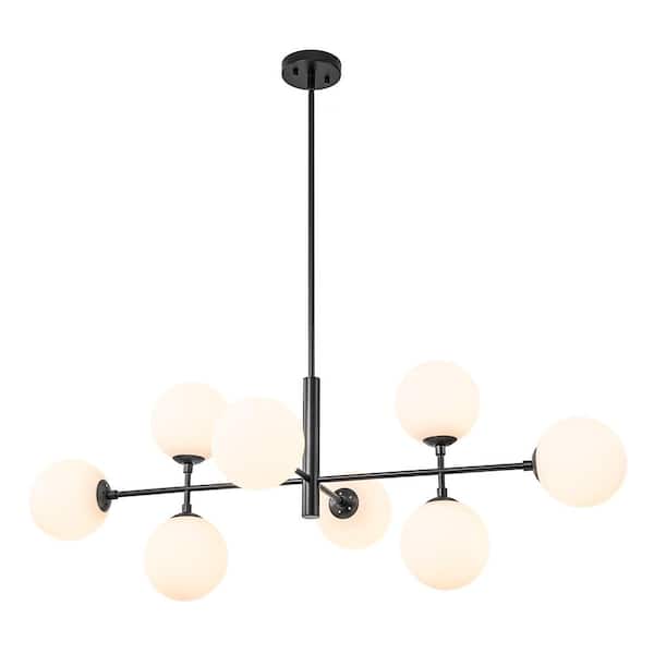 HUOKU Dimma 8-Light Black 43 in.W Large Linear Chandelier for Kitchen Island with Frosted Glass Shade (bulb not included)