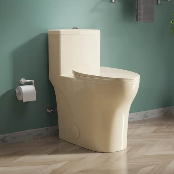 1-Piece 19 in ADA Hight Toilet 1.0/1.28 GPF Dual Flush Elongated Bone Toilet with Soft Close Seat 12 in. Rough In
