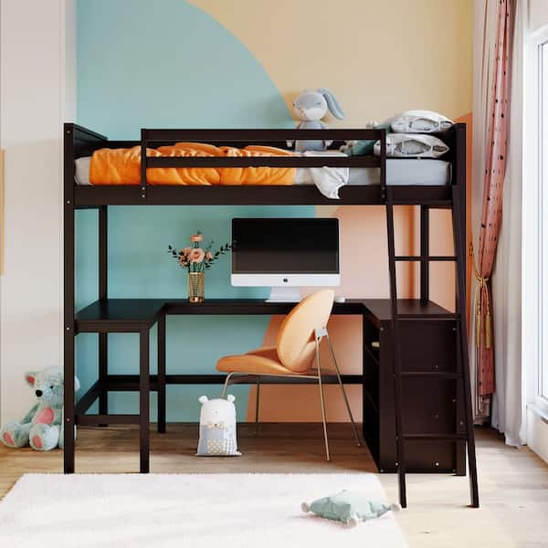 Espresso Full Size Wood Loft Bed Frame with Bookshelves and L-shaped Desk, Full Kids Wood Loft Bed with Inclined Ladder