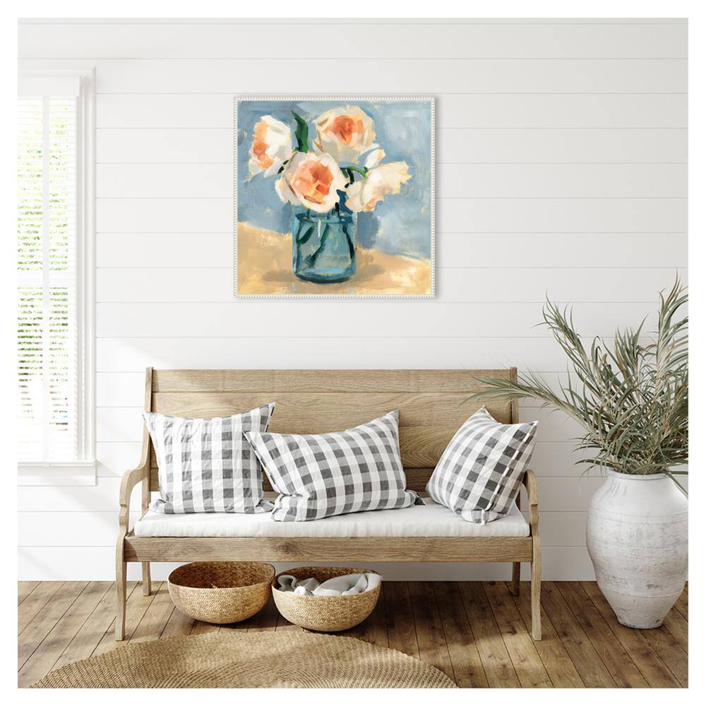 Peonies in Mason Jar II White Framed Canvas Wall Art