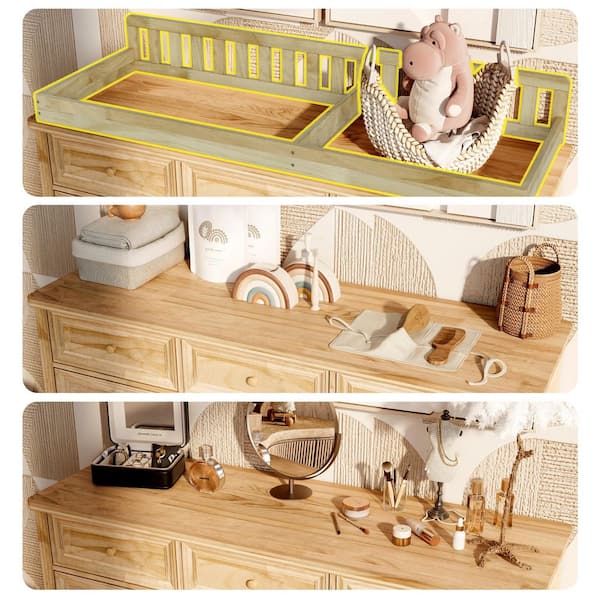 Light Pine 100% Solid Wood Changing Table Dresser with Removable Changing Tray, Anti-Tip Kit, 9-Drawer, Nursery Storage