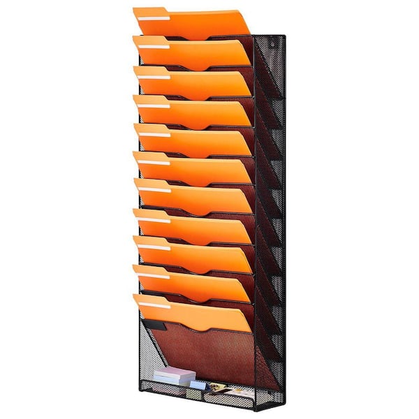 File Wall Rack, One-Piece 12 Pockets Mesh Wall File Holder, Wall Mounted Magazine Black 12.6 in W x 30.43 in. H Metal