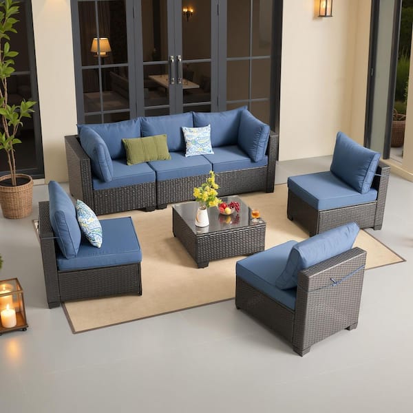 Proteus 7-Piece 6-Seat Wicker Modern Outdoor Patio Conversation Sectional Sofa Set with Dark Blue Cushions