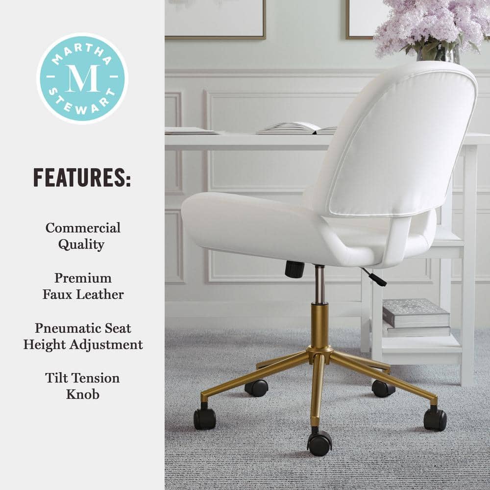 White Faux Leather Armless Swivel Office Chair with Brass Base