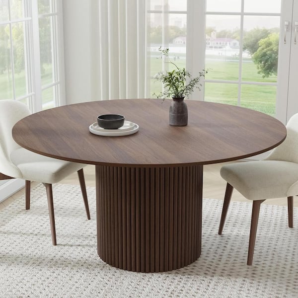 Lirago Cylindrical Walnut Coloured Wood 60" Column Base Dining Table for 8