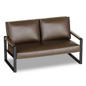 Mid-Century Style 47 in. Brown Faux Leather Upholstered 2-Seater Loveseat with Steel Frame
