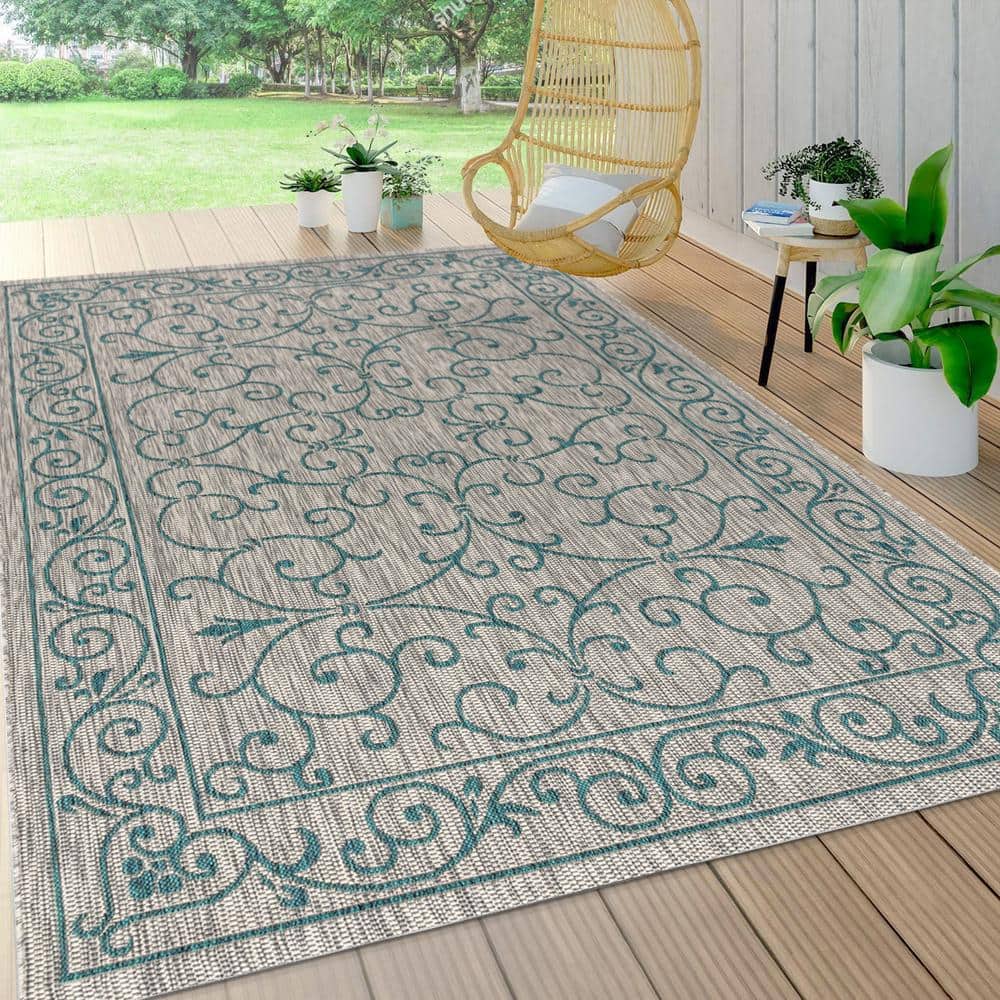 Boho-Chic Vintage Filigree Teal & Gray Synthetic Indoor/Outdoor Rug