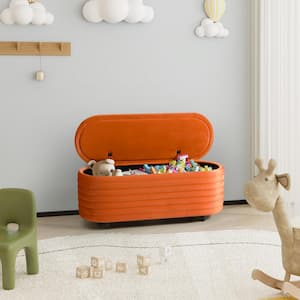 Farrah 42 in. Wide Oval Velvet Upholstered Entryway Flip Top Storage Bedroom Accent Bench in Orange