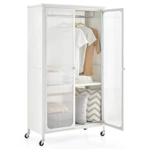 White Plastic 31.5 in. Storage Wardrobe Cabinet Mobile Armoire Closet with Hanging Rod and Adjustable Shelf