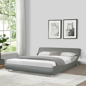 Gray Faux Leather Upholstered Bed Frame, King Size Low Platform Bed with Curve Design