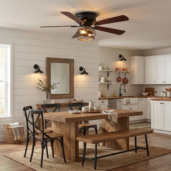 48 in. Indoor Matte Black Reversible Blades Flush Mount Ceiling Fan with Light Kit and Remote