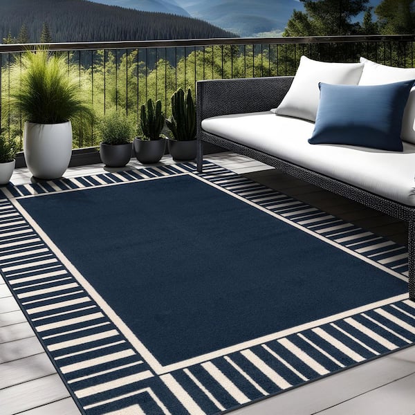 Edge Navy 9 ft. x 12 ft. Rubber Back Washable Geometric Border Indoor Outdoor Patio Area Rug