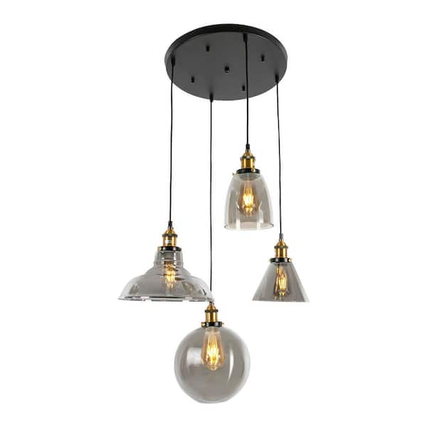OUKANING 40-Watt 4-Light Black Modern Adjustable Height Pendant Light with Gray Glass Shade for Dining Room, No Bulbs Included