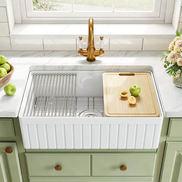 33 in. Drop-In Single Bowl White Ceramic Kitchen Sink with Cutting Board, Strainer, Grid and Drain Assembly