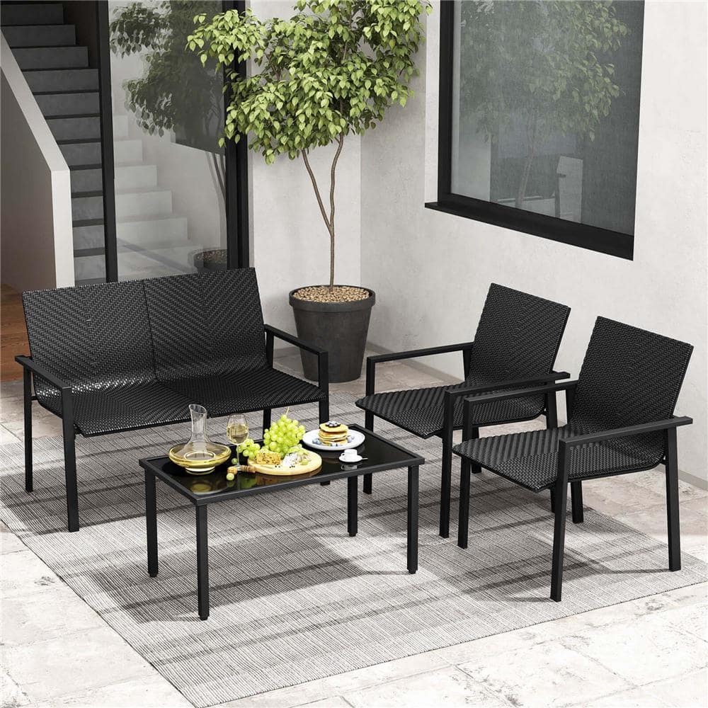 Costway 4-Piece Metal Rattan Patio Conversation Set with Heavy-Duty ...