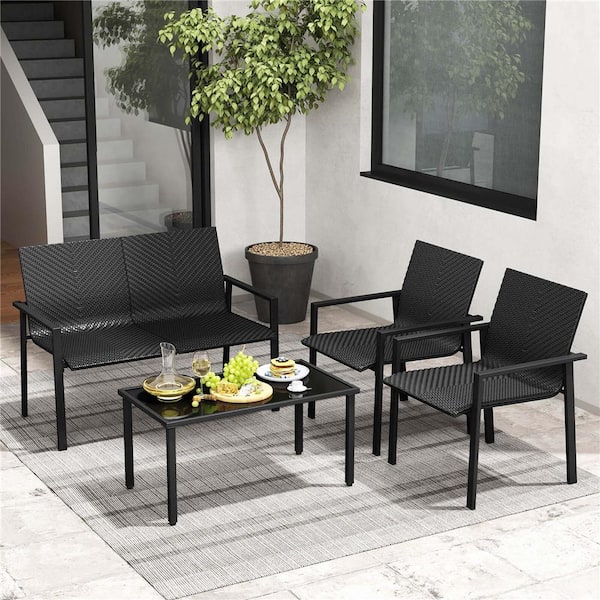 Costway 4-Piece Metal Rattan Patio Conversation Set with Heavy-Duty Galvanized Metal Frame Black