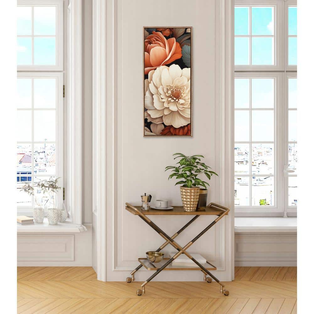 Romantic Ivory and Peach Floral Canvas Print with Gold Beaded Frame, 18" x 40"