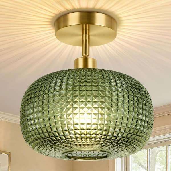 Semi Flush Mount Ceiling Light, Adjustable Hanging Gold Sloped Ceiling Lights With Green Glass Shade